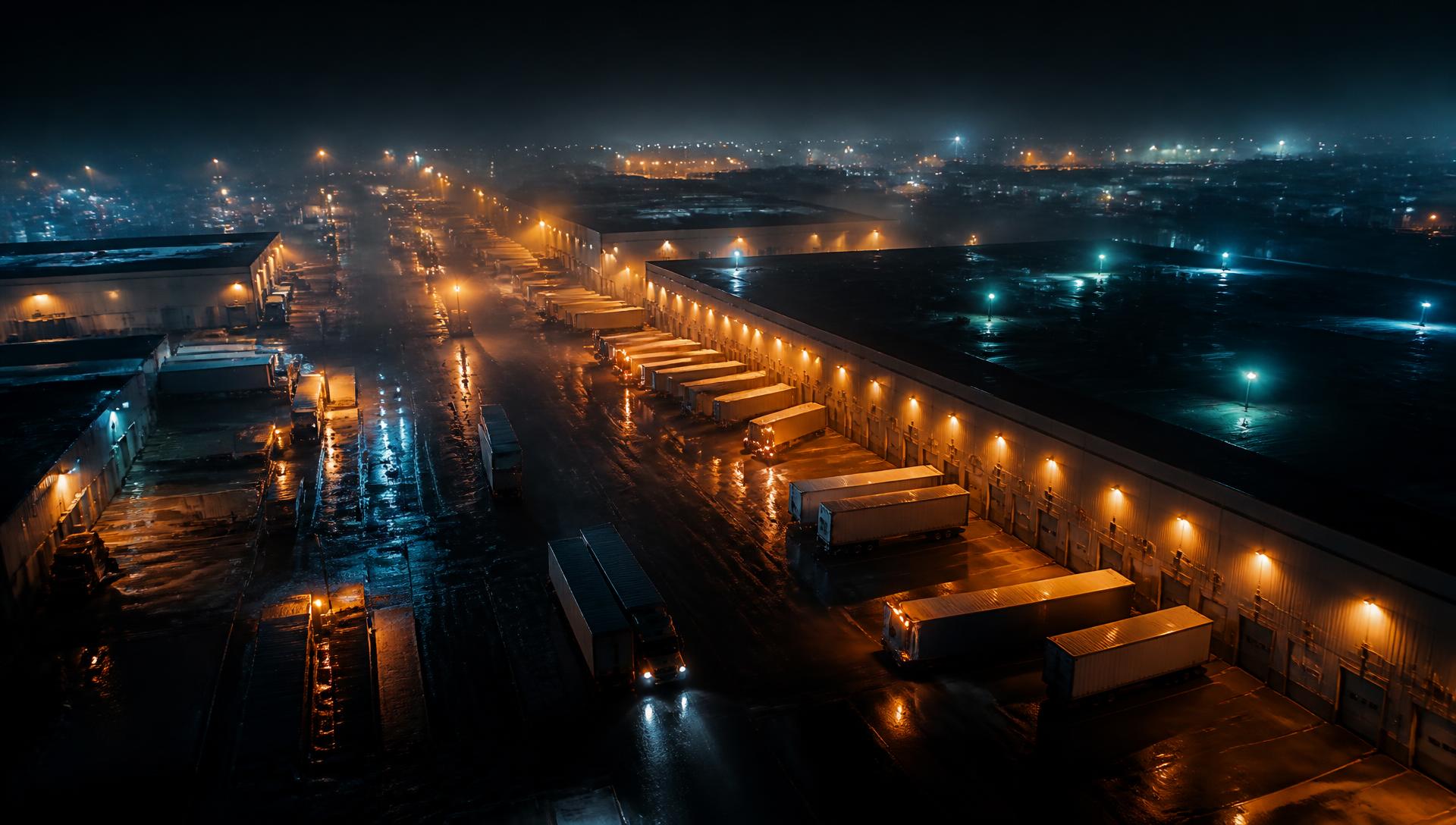 Freight hub at night with trailers at loading docks